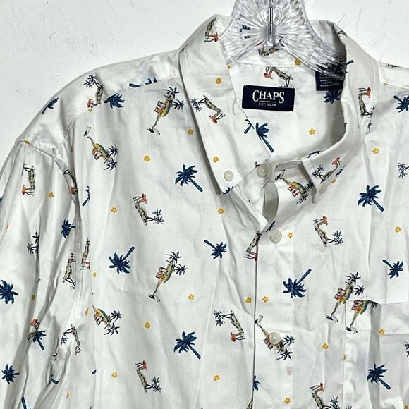 Chaps Easy Care Tropical Mens Size XL White Short Sleeve Button Down Pocket - Picture 5 of 11